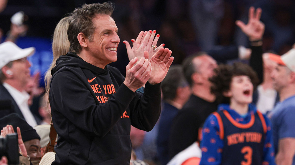 Ben Stiller, who was hyped up following New York's comeback win in Game 2 against the Boston Celtics, at 2024 Knicks playoff game.