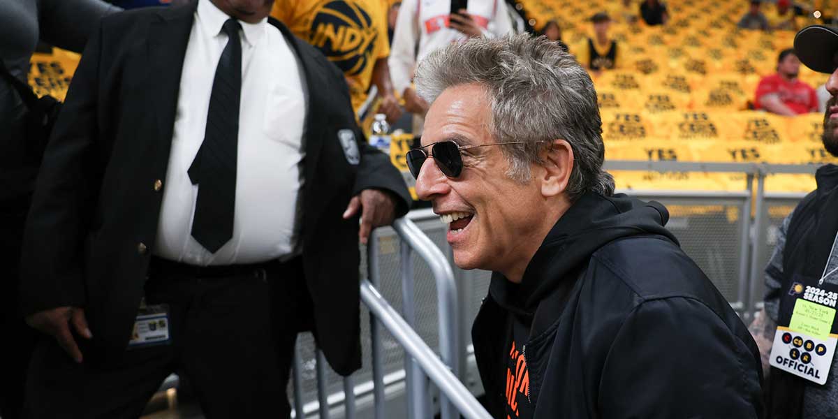 Ben Stiller walks on court prior to game four of the eastern conference finals between the Indiana Pacers and the New York Knicks for the 2025 NBA Playoffs at Gainbridge Fieldhouse.