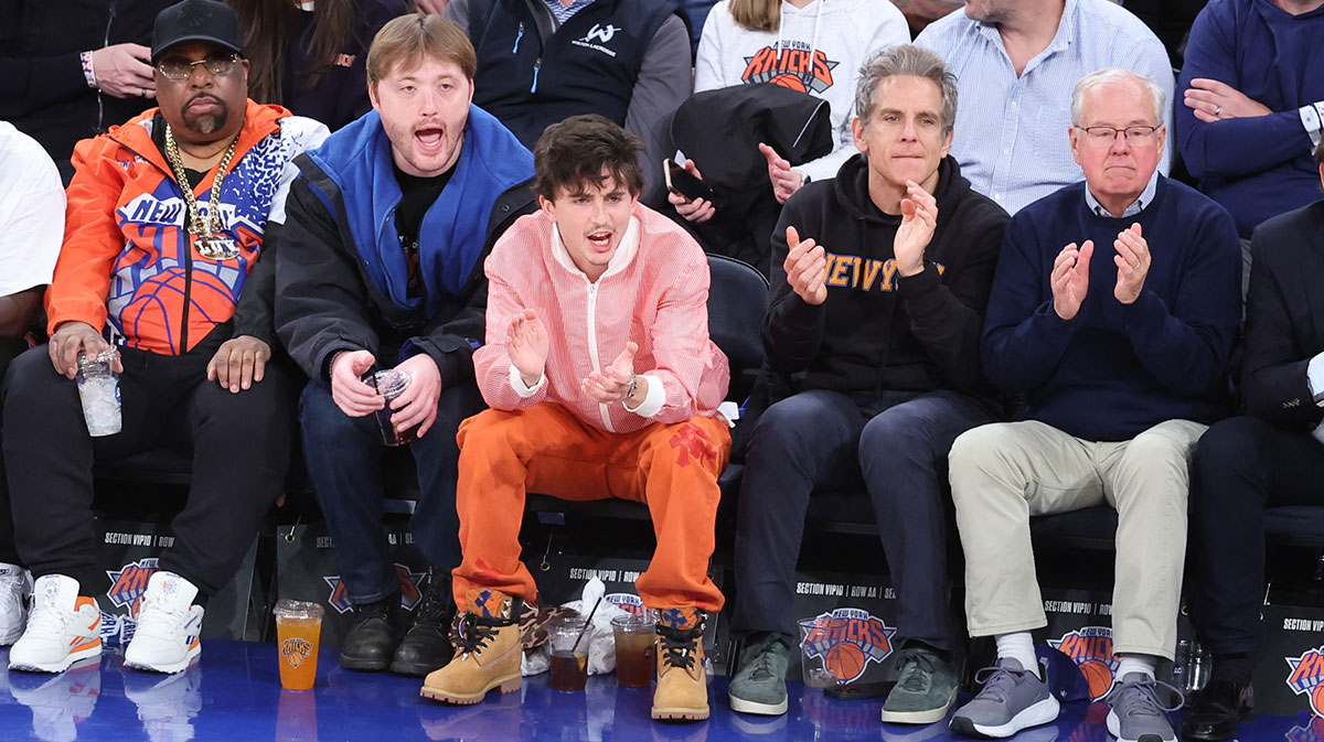 French-American actor Timothee Chalamet sits with Ben Stiller in the fourth quarter between the Indiana Pacers and the New York Knicksand during game one of the eastern conference finals for the 2025 NBA Playoffs at Madison Square Garden.
