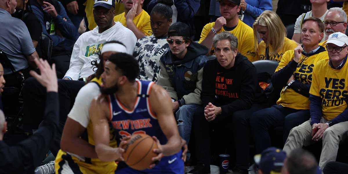 Timothée Chalamet and Ben Stiller watch play during the fourth quarter of game four of the eastern conference finals between the Indiana Pacers and the New York Knicks for the 2025 NBA Playoffs at Gainbridge Fieldhouse.
