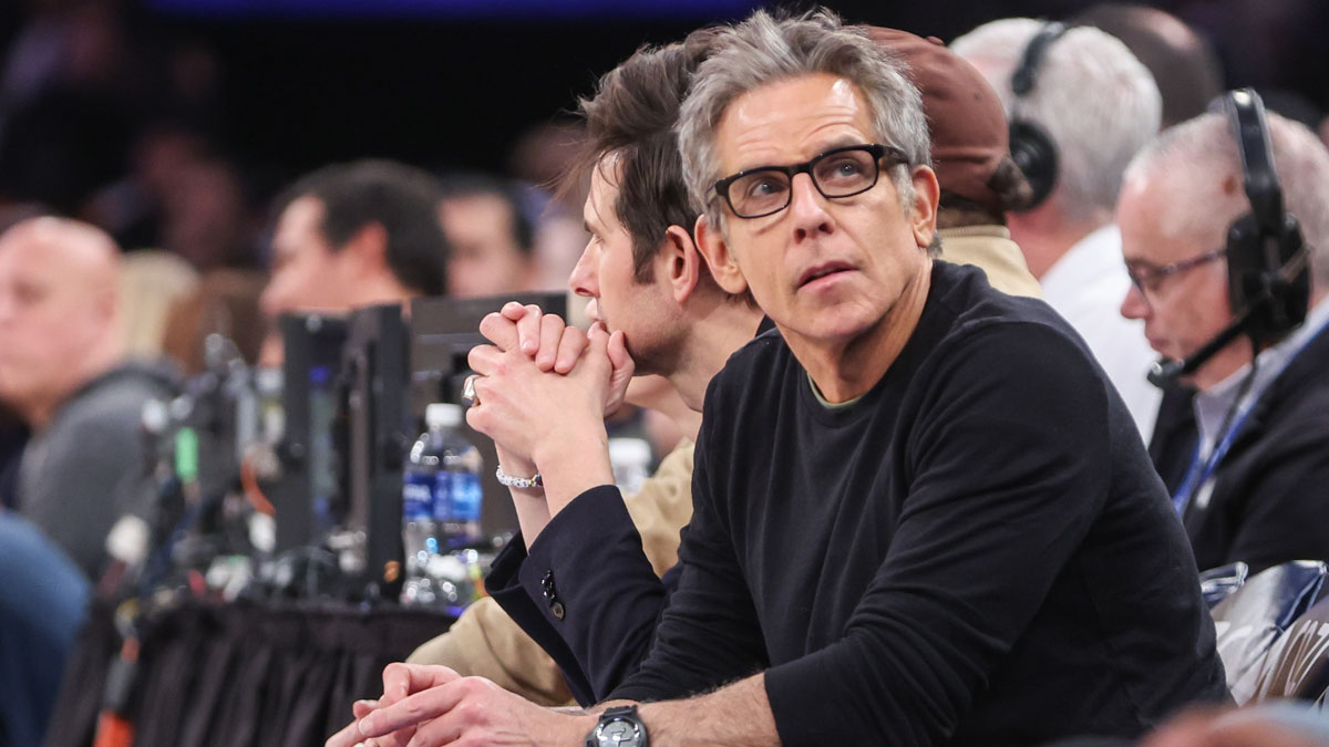 Actor Ben Stiller sits courtside during the game between the Minnesota Timberwolves and the New York Knicks at Madison Square Garden.