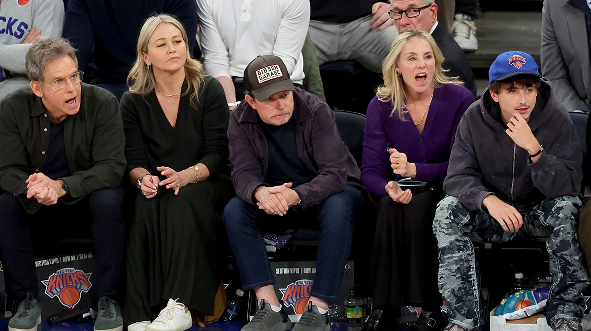 Ben Stiller, Christine Taylor, Michael J. Fox, Tracy Pollan, and Timothee Chalamet, who missed the Met Gala with Kylie Jenner to watch Game 1 against the Celtics, at Knicks-Pistons game on April 21, 2025.