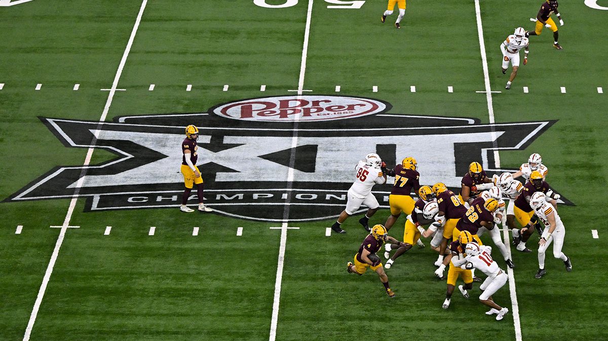 A view of the Big 12 logo and stadium during the game between the Iowa State Cyclones and the Arizona State Sun Devils at AT&T Stadium.