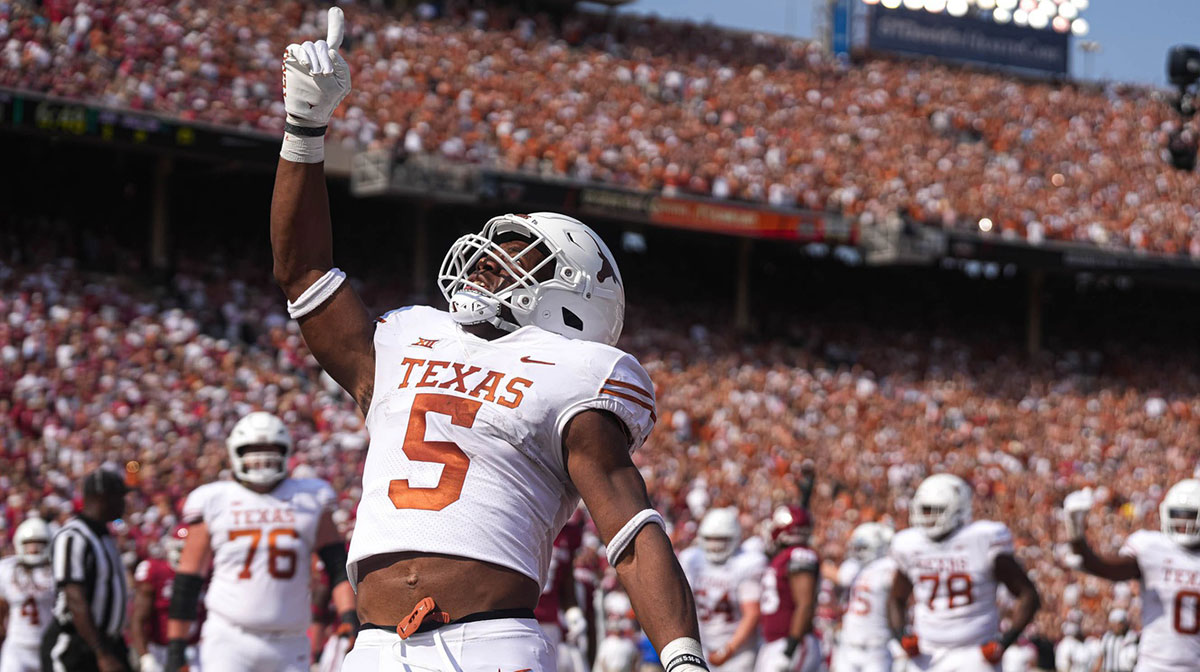 Texas running back Bijan Robinson celebrates a touchdown during the annual Red River Showdown against Oklahoma
