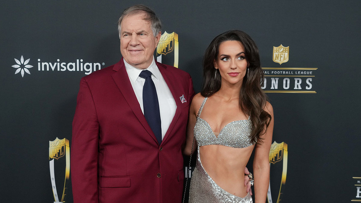 Bill Belichick and Jordon Hudson on the red carpet before Super Bowl LIX NFL Honors at Saenger Theatre.