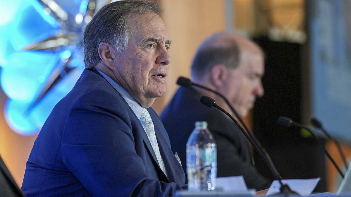 North Carolina Tar Heels new head coach Bill Belichick speaks to the media at Loudermilk Center for Excellence. Mandatory Credit: Jim Dedmon-Imagn Images