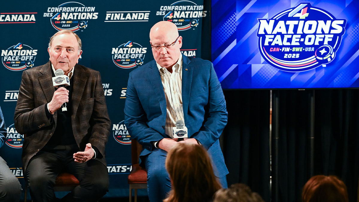 [Imagn Images direct customers only] NHL commissioner Gary Bettman addresses the press beside NHL deputy commissioner Bill Daly before a 4 Nations Face-Off ice hockey game at Bell Centre.