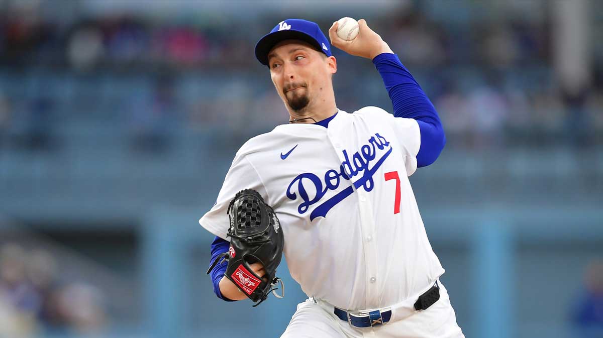 Los Angeles Dodgers pitcher Blake Snell (7) throws during the third inning against the Atlanta Braves at Dodger Stadium.