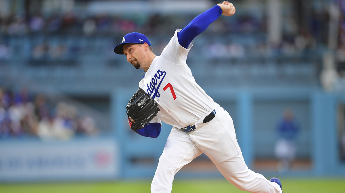 Los Angeles Dodgers pitcher Blake Snell (7) throws during the third inning against the Atlanta Braves at Dodger Stadium.