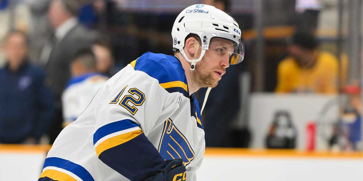 St. Louis Blues center Radek Faksa (12) warms up before a game against the Nashville Predators at Bridgestone Arena.