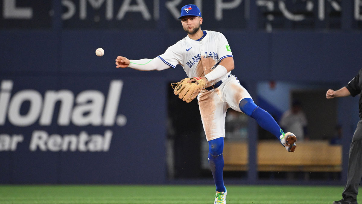 Toronto Blue Jays shortstop Bo Bichette (11) throws out Tampa Bay Rays left fielder Chandler Simpson (not shown) in the fifth inning at Rogers Centre.