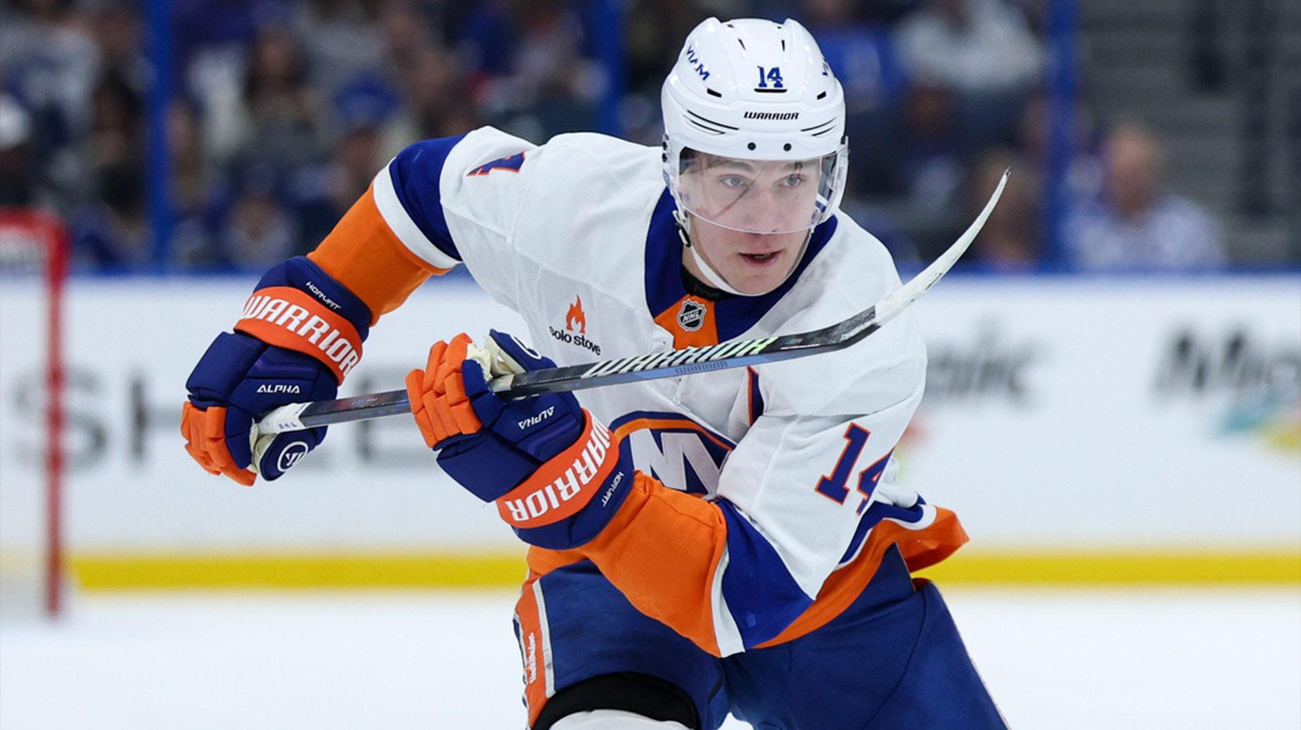New York Islanders center Bo Horvat (14) passes the puck against the Tampa Bay Lightning in the first period at Amalie Arena.