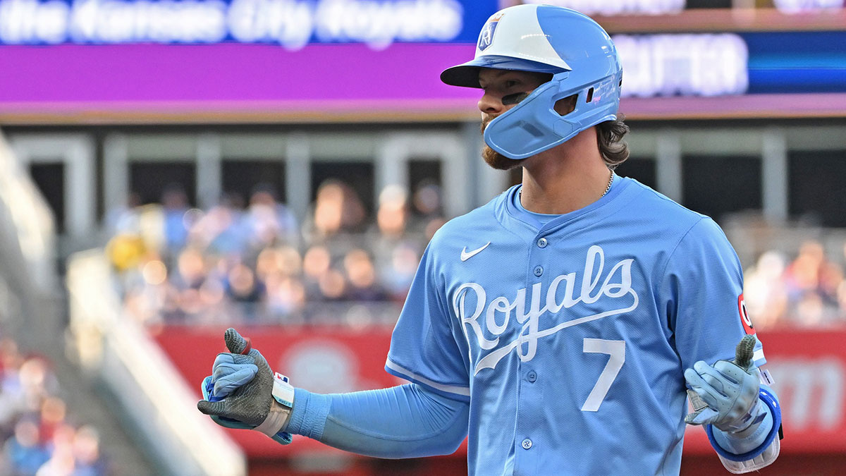 Kansas City Royals shortstop Bobby Witt Jr. (7) reacts after hitting a single in the third inning against the Boston Red Sox at Kauffman Stadium.