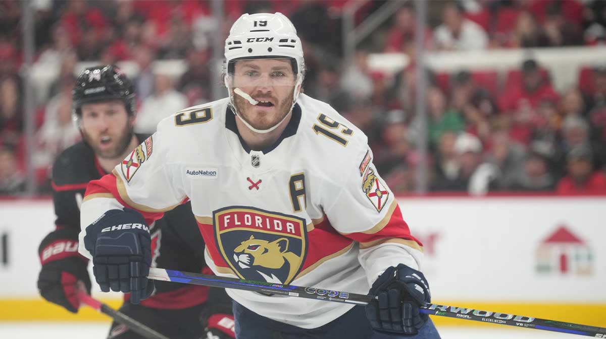 Florida Panthers forward Matthew Tkachuk (19) skates against Carolina Hurricanes during the third period in game two of the Eastern Conference Final of the 2025 Stanley Cup Playoffs at Lenovo Center.