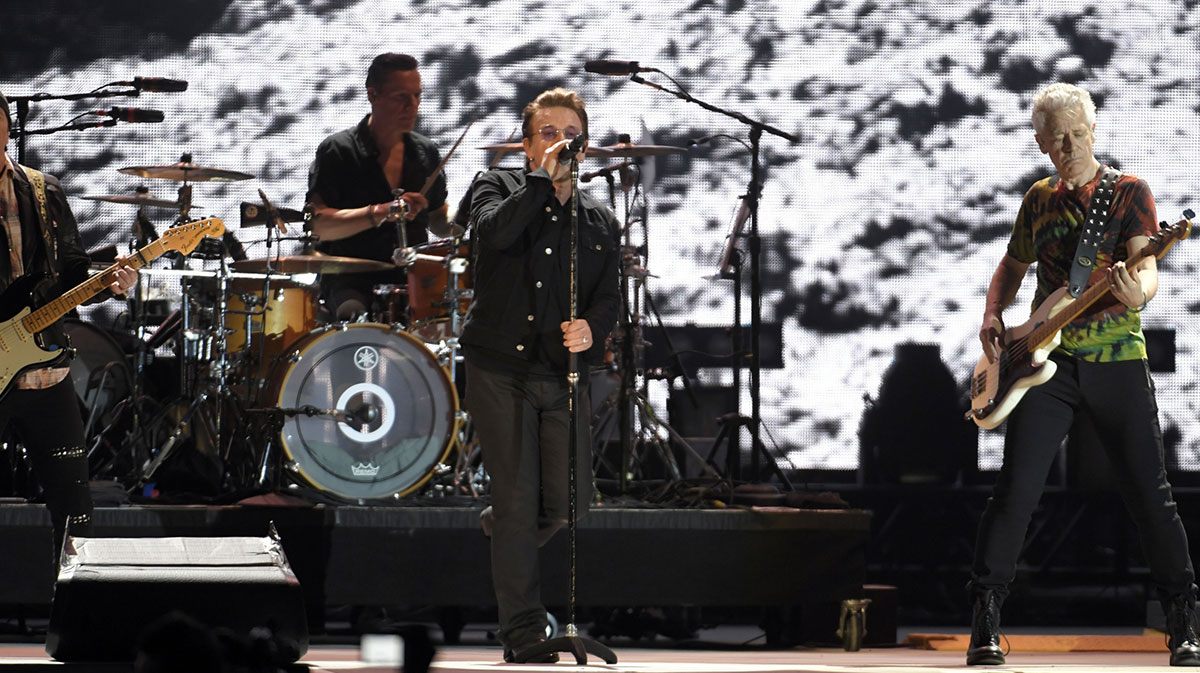 Bono, who recently talked about the band's next album, singing during U2's 2017 Bonnaroo Music and Arts Festival performance.