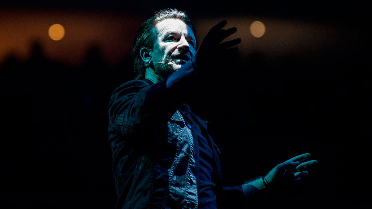 U2 singer Bono, who revealed the title of the first song on their next album, on tour in 2018.