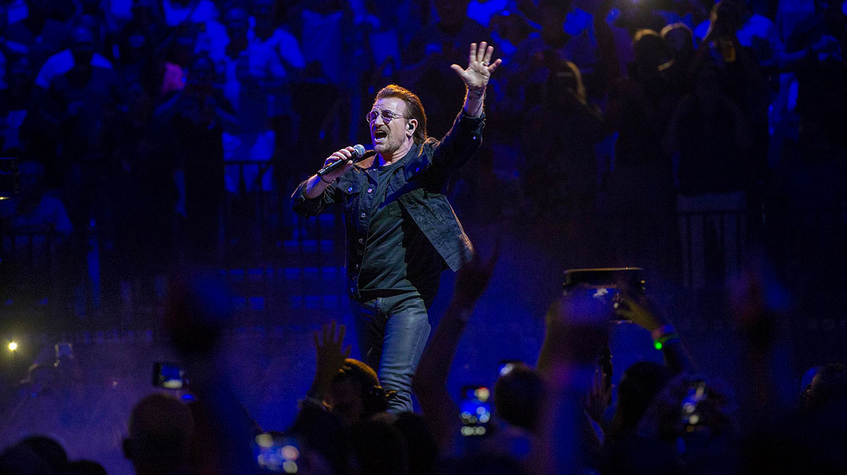 U2 lead singer Bono, who pushed back against the band leaning into nostalgia, singing on the Experience + Innocence Tour in New Jersey.