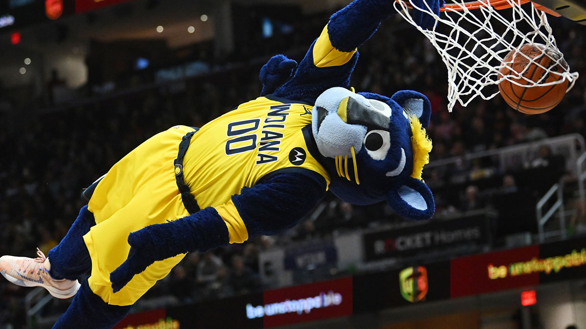 Indiana Pacers mascot Boomer dunks during a timeout in the second half of the game between the Cleveland Cavaliers and the Pacers at Rocket Mortgage FieldHouse.