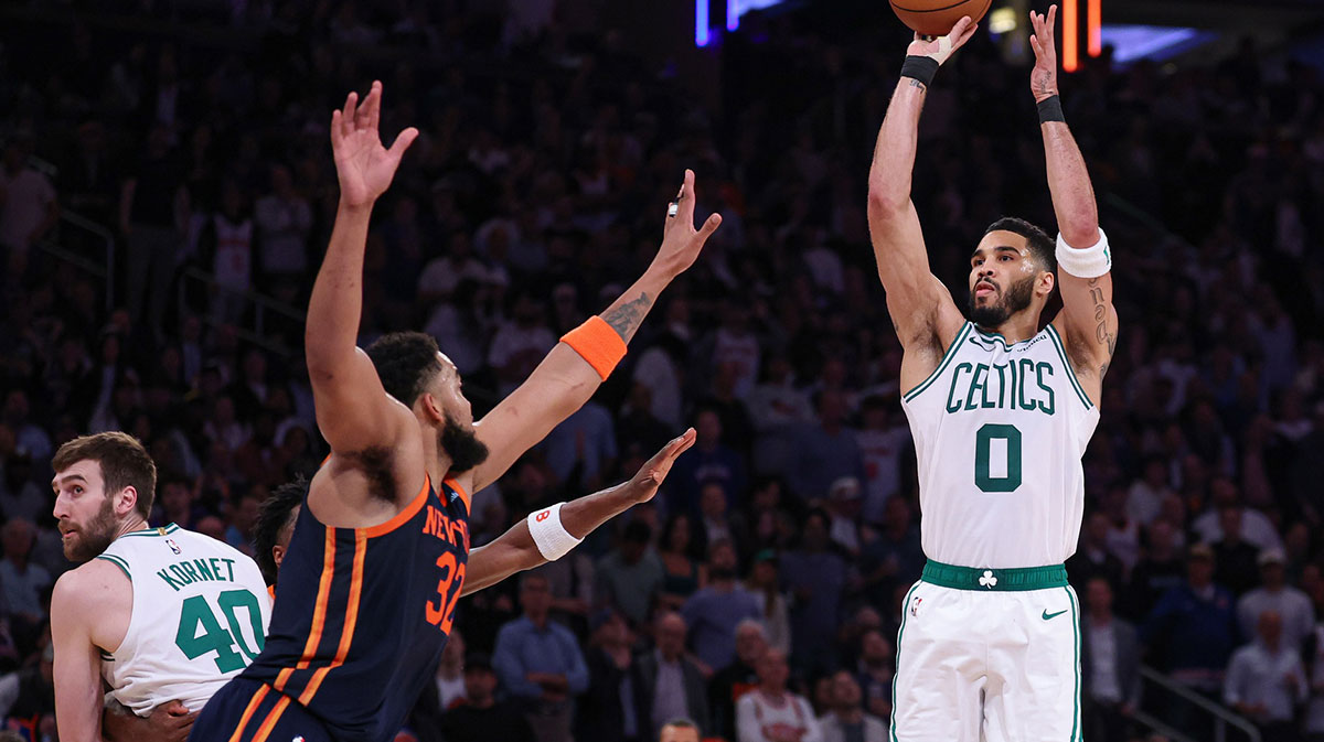 Boston Celtics forward Jayson Tatum (0) shoots the ball as New York Knicks center Karl-Anthony Towns (32) defends in the second half during game four of the second round for the 2025 NBA Playoffs at Madison Square Garden.