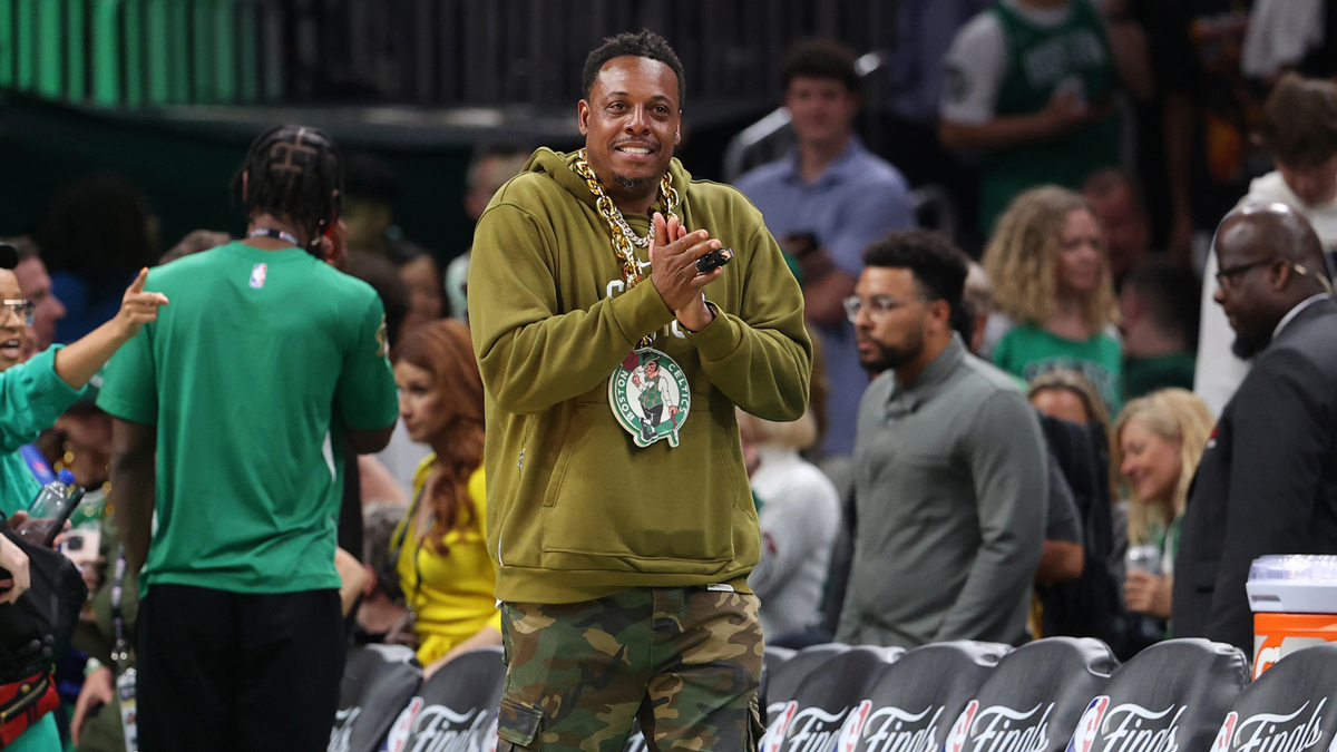 Boston Celtics former player Paul Pierce walks onto the court before game two of the 2024 NBA Finals between the Boston Celtics and the Dallas Mavericks at TD Garden.
