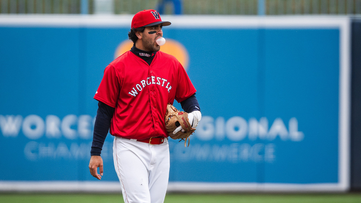 WooSox and Red Sox shortstop Marcelo Mayer gets ready for play during a game at Polar Park on April 13, 2025.