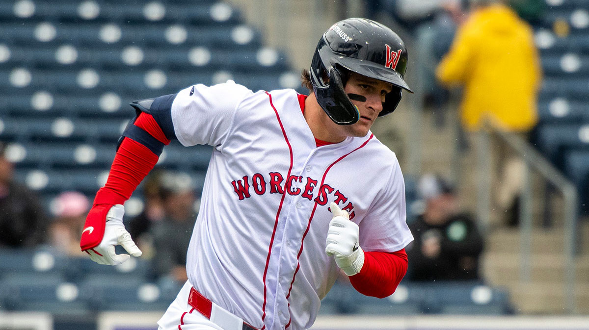 Worcester left fielder Roman Anthony runs on a fly ball against the Durham Bulls May 23.