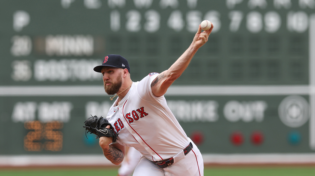 Boston Red Sox starting pitcher Garrett Crochet (35) delivers a pitch during the first inning against the Minnesota Twins at Fenway Park.
