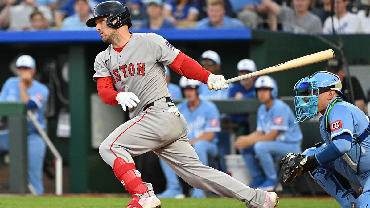 Boston Red Sox third baseman Alex Bregman (2) singles in the seventh inning against the Kansas City Royals at Kauffman Stadium.