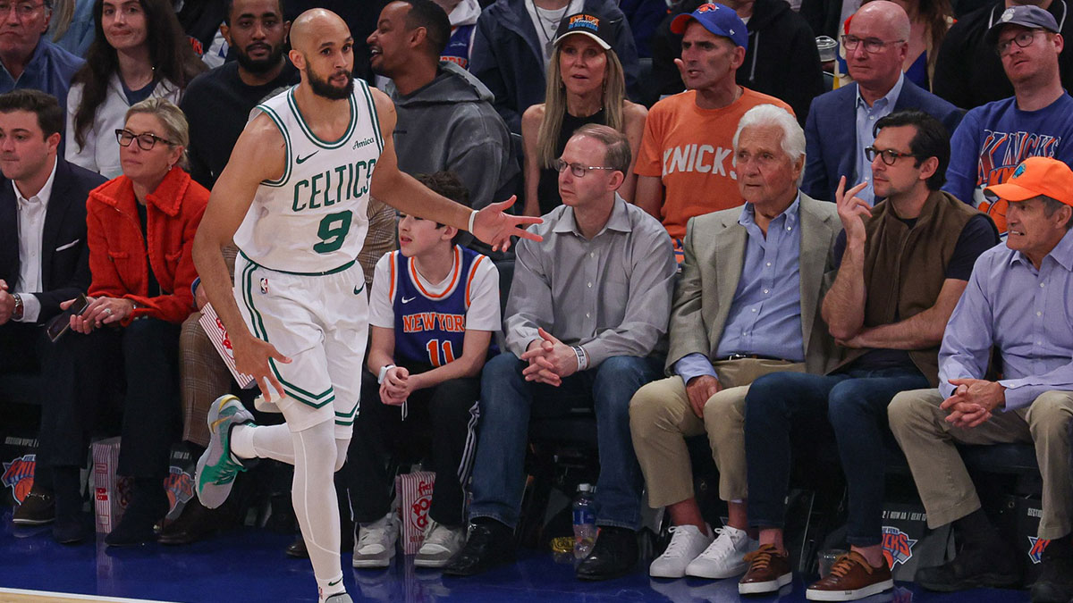 Boston Celtics guard Derrick White (9) celebrates after making a three point basket in the first half during game four of the second round for the 2025 NBA Playoffs against the New York Knicks at Madison Square Garden.