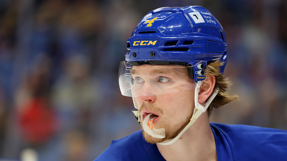 Buffalo Sabres defenseman Bowen Byram (4) on the ice before a game against the Ottawa Senators at KeyBank Center.