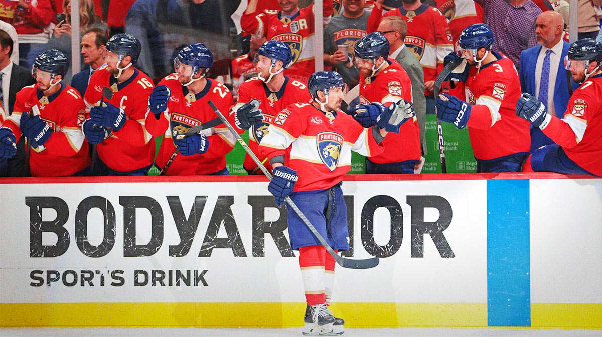 Florida Panthers center Brad Marchand (63) celebrates after a goal during the third period against the Carolina Hurricanes in game three of the Eastern Conference Final of the 2025 Stanley Cup Playoffs at Amerant Bank Arena.