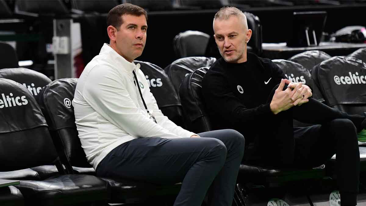 Boston Celtics General Manager Brad Stevens watches warmups prior to game against the Milwaukee Bucks at TD Garden.