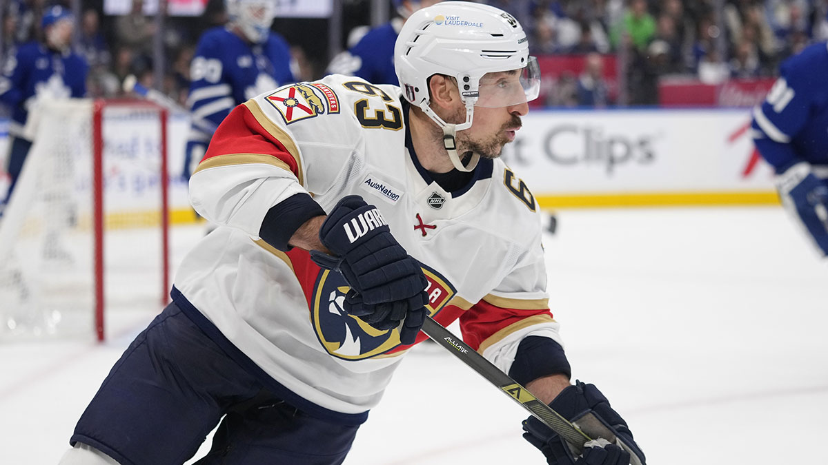 Florida Panthers forward Brad Marchand (63) skates against the Toronto Maple Leafs during the second period of game seven of the second round of the 2025 Stanley Cup Playoffs at Scotiabank Arena. Mandatory Credit: