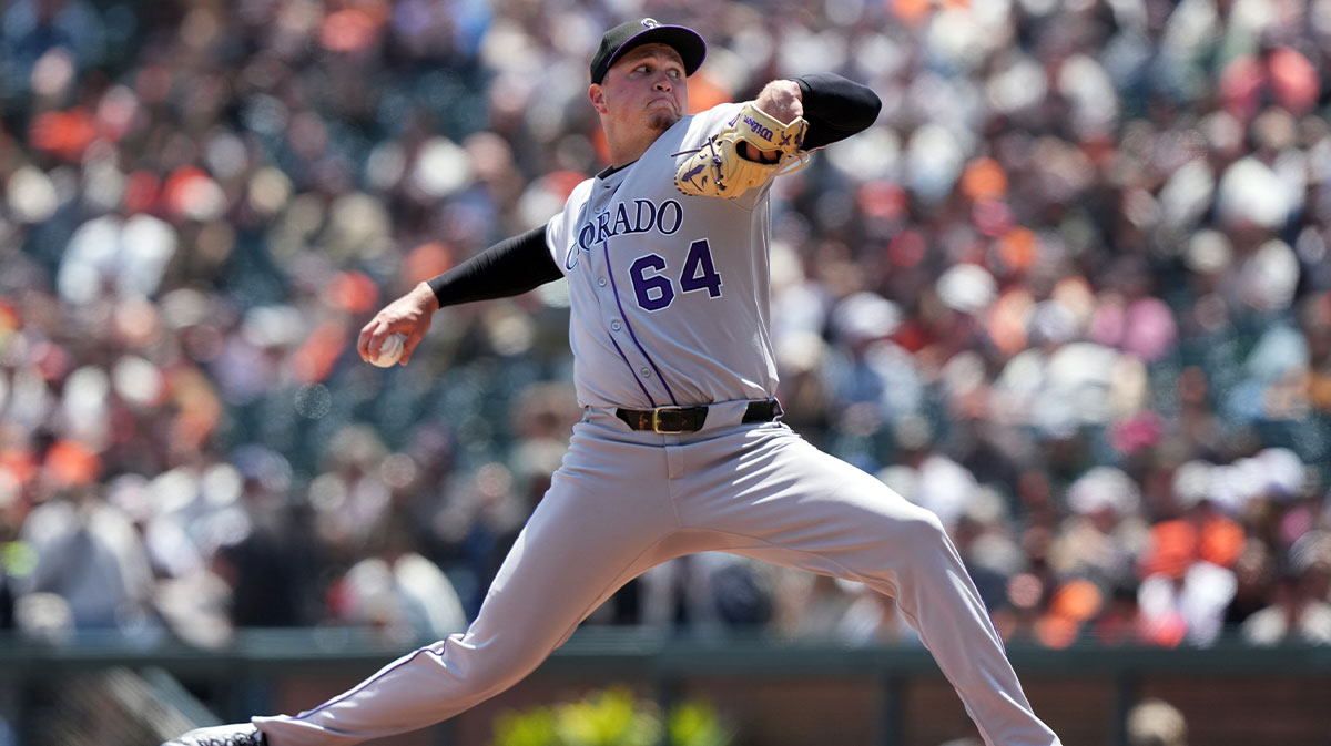 Colorado Rockies starting pitcher Bradley Blalock (64) throws a pitch against the San Francisco Giants during the first inning at Oracle Park.