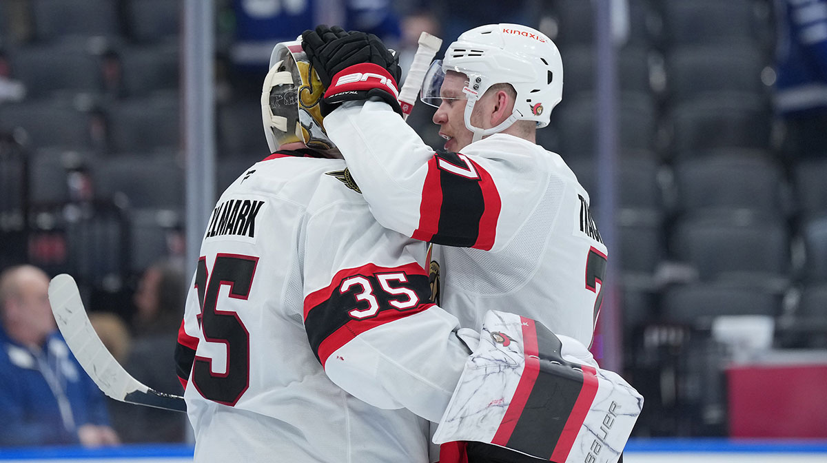 Ottawa Senators left wing Brady Tkachuk (7) embraces goaltender Linus Ullmark (35) after defeating the Toronto Maple Leafs during game five of the first round of the 2025 Stanley Cup Playoffs at Scotiabank Arena.