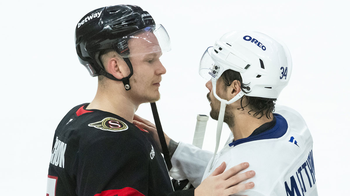Ottawa Senators left wing Brady Tkachuk (7) shares a moment with Toronto Maple Leafs center Auston Matthews (34) following the Toronto Maple Leafs win in game six of the first round of the 2025 Stanley Cup Playoffs at Canadian Tire Centre.