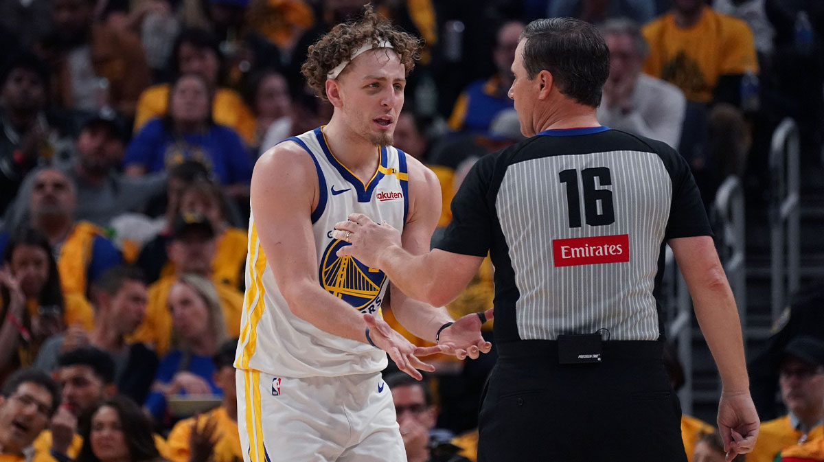 The Golden State Warriors Brandin Podziemski (2) goalkeeper complained to referee David Guthrie in the third match against the Minnesota Timberwolves in the second round for the NBA 2025 qualifiers at the Chase Center.