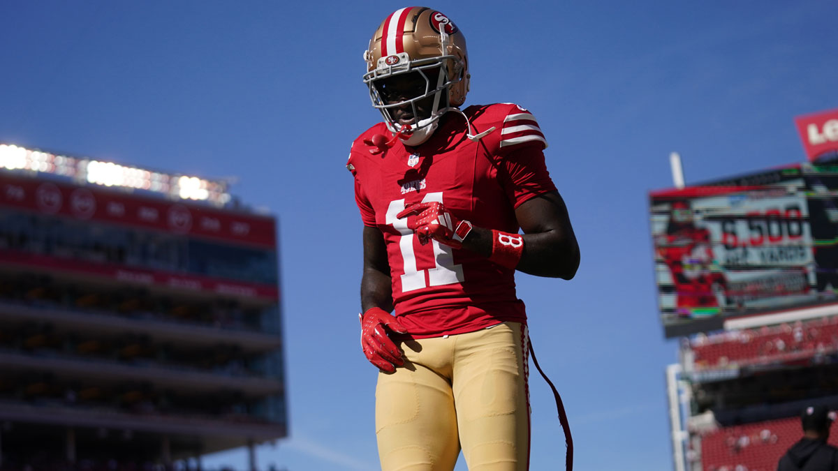 San Francisco 49ers wide receiver Brandon Aiyuk (11) walks on the field before the start of the game against the Kansas City Chiefs at Levi's Stadium.
