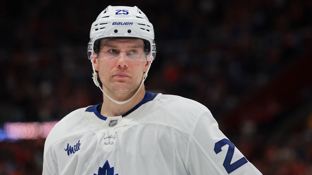 Toronto Maple Leafs defenseman Brandon Carlo (25) looks on against the Florida Panthers during the second period at Amerant Bank Arena.