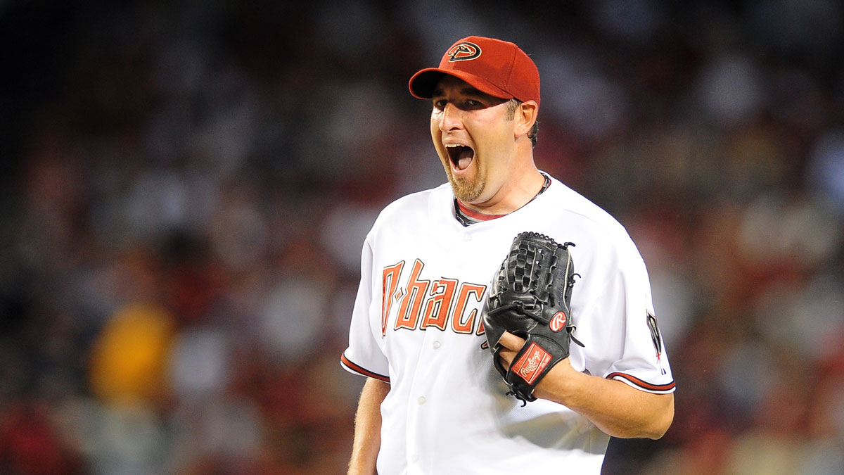 Arizona Diamondbacks pitcher Brandon Webb reacts against the Colorado Rockies during opening day 2009 at Chase Field.