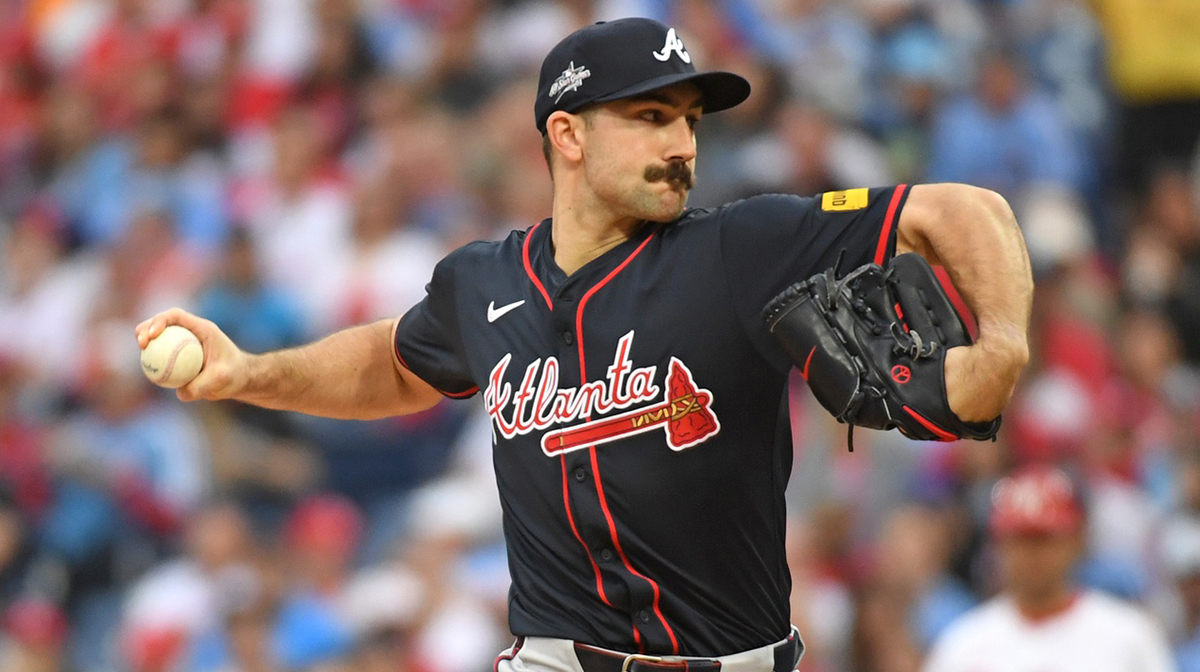 Atlanta Braves pitcher Spencer Strider (99) throws a pitch during the first inning against the Philadelphia Phillies at Citizens Bank Park.
