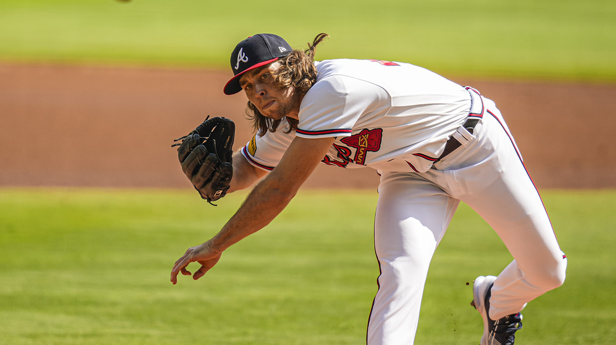 Atlanta Braves starting pitcher Dylan Dodd (46) pitches against the Washington Nationals during the first inning at Truist Park.