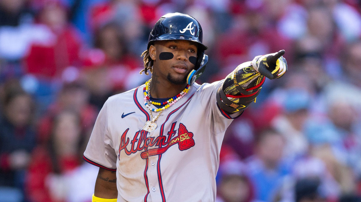 Atlanta Braves outfielder Ronald Acuna Jr. (13) reacts to a pitch during the seventh inning against the Philadelphia Phillies at Citizens Bank Park.