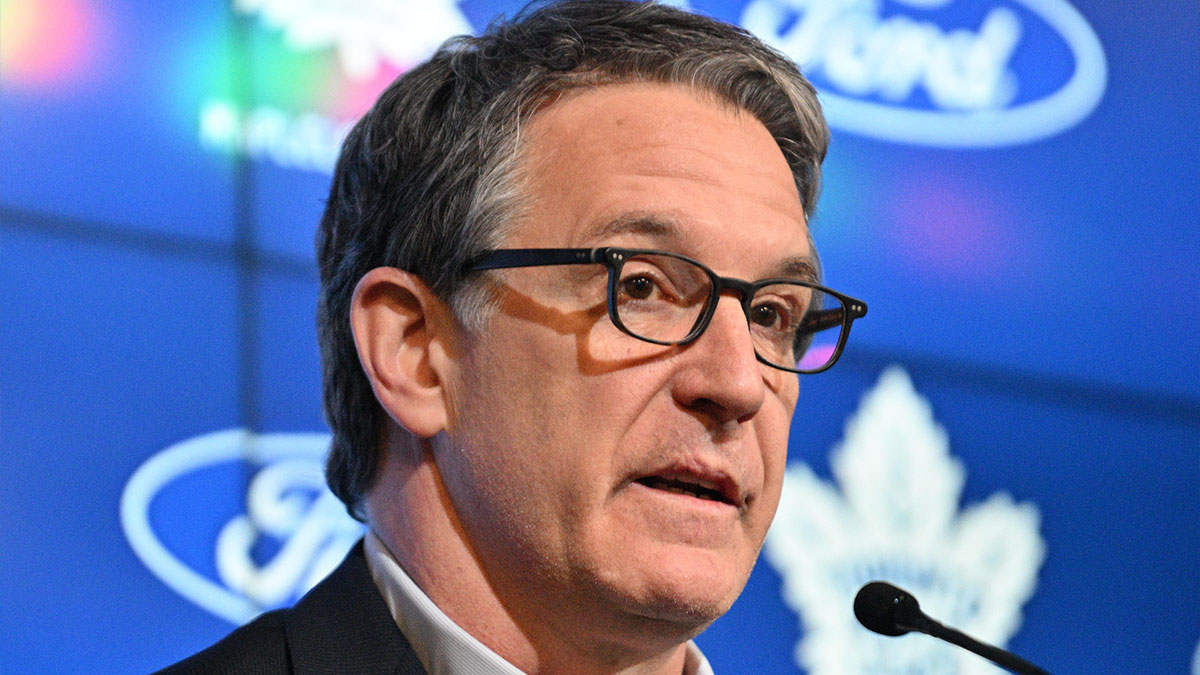 Toronto Maple Leafs president Brendan Shanahan speaks during a media conference to introduce new head coach Craig Berube (not shown) at Ford Performance Centre.