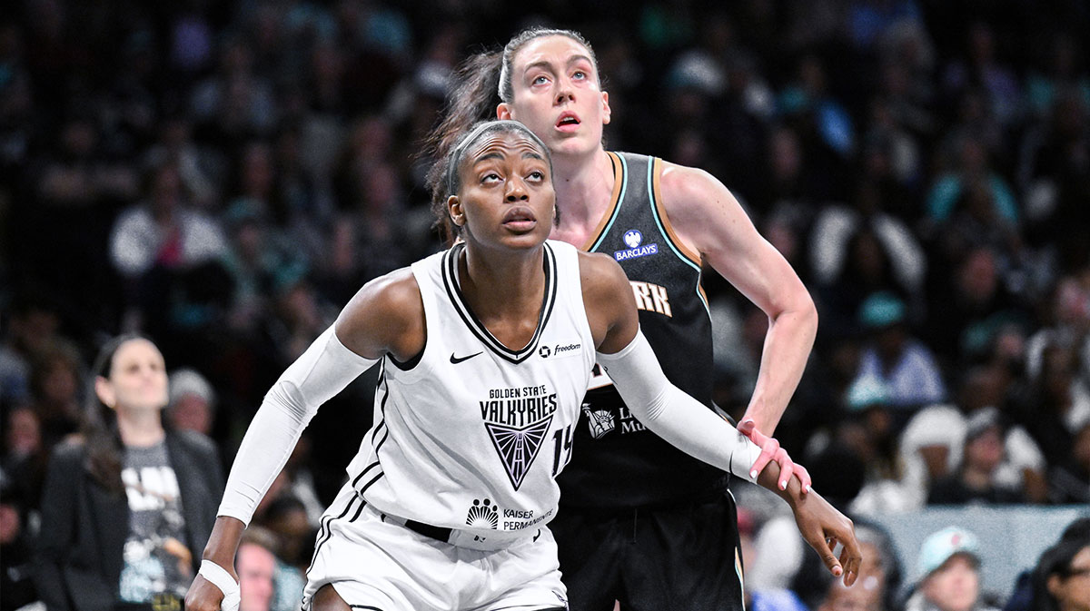 Golden State Valkyries center Temi Fagbenle (14) boxes out against New York Liberty forward Breanna Stewart (30) during the second half at Barclays Center.