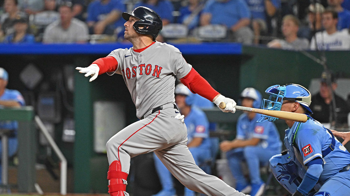 May 10, 2025; Kansas City, Missouri, USA; Boston Red Sox third baseman Alex Bregman (2) at bat in the eighth inning against the Kansas City Royals at Kauffman Stadium.