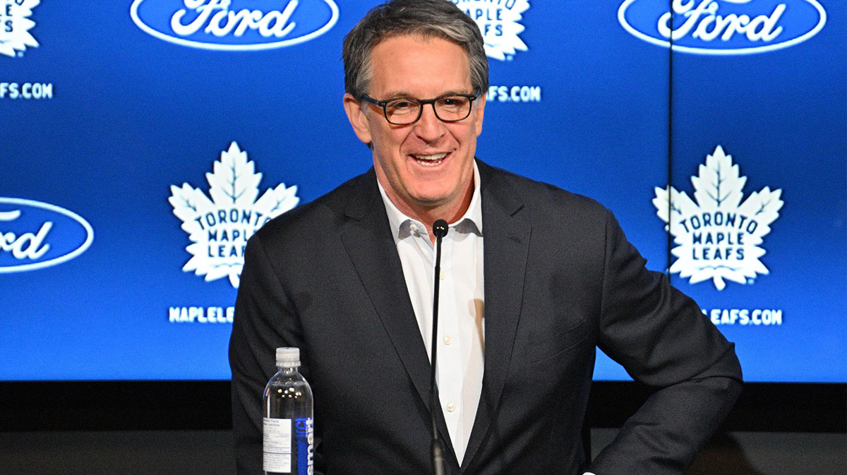 Toronto Maple Leafs president Brendan Shanahan speaks during a media conference to introduce new head coach Craig Berube (not shown) at Ford Performance Centre.