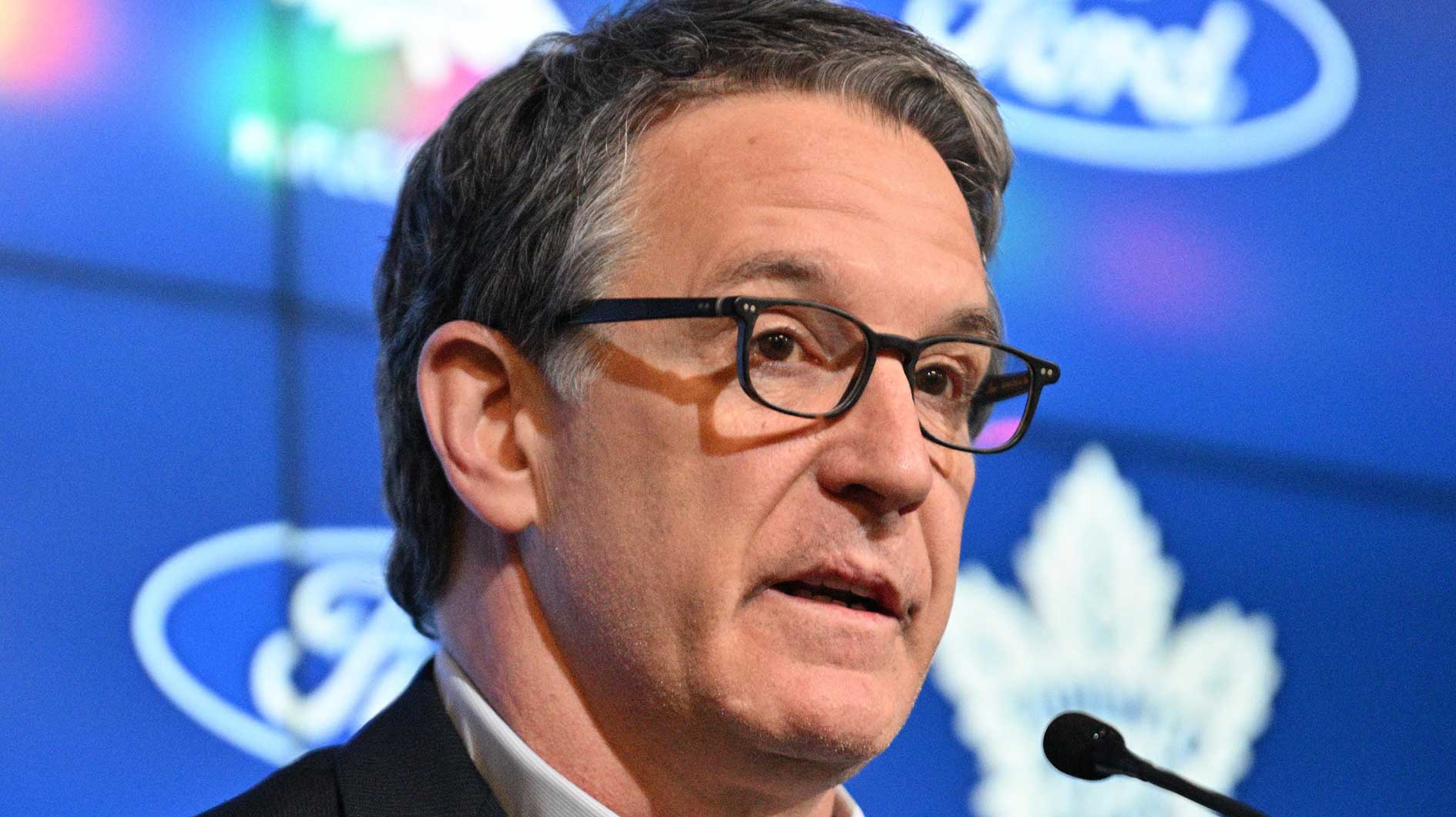 Toronto Maple Leafs president Brendan Shanahan speaks during a media conference to introduce new head coach Craig Berube (not shown) at Ford Performance Centre.