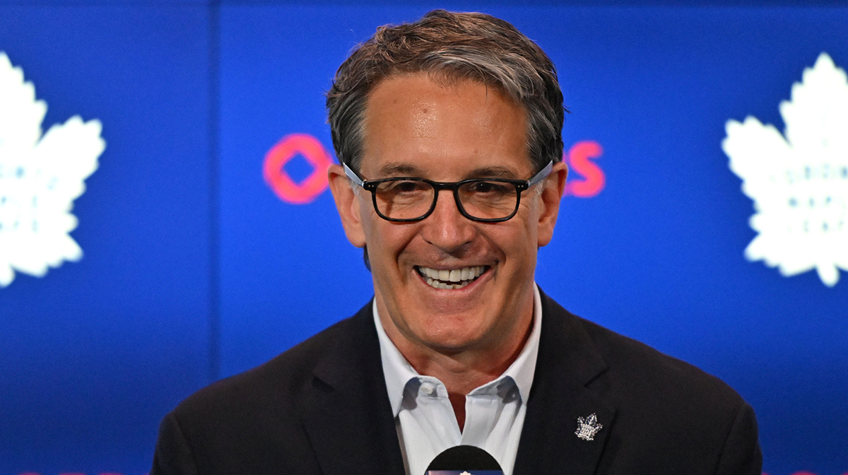 Toronto Maple Leafs president Brendan Shanahan speaks at a media conference to introduce new general manager Brad Treliving (not shown) at Scotiabank Arena.