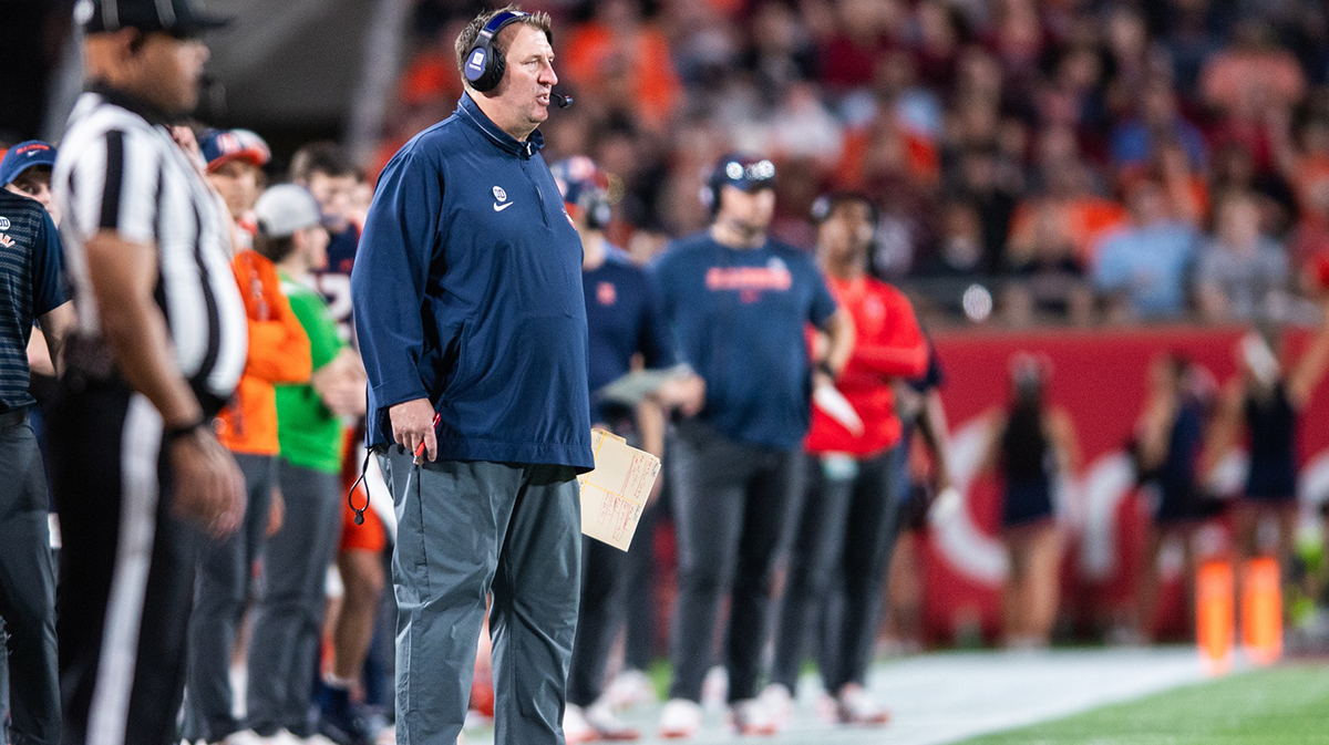 Dec 31, 2024; Orlando, FL, USA; Illinois Fighting Illini head coach Bret Bielema watches on during the fourth quarter against the South Carolina Gamecocks at Camping World Stadium. Mandatory Credit: Jeremy Reper-Imagn Images